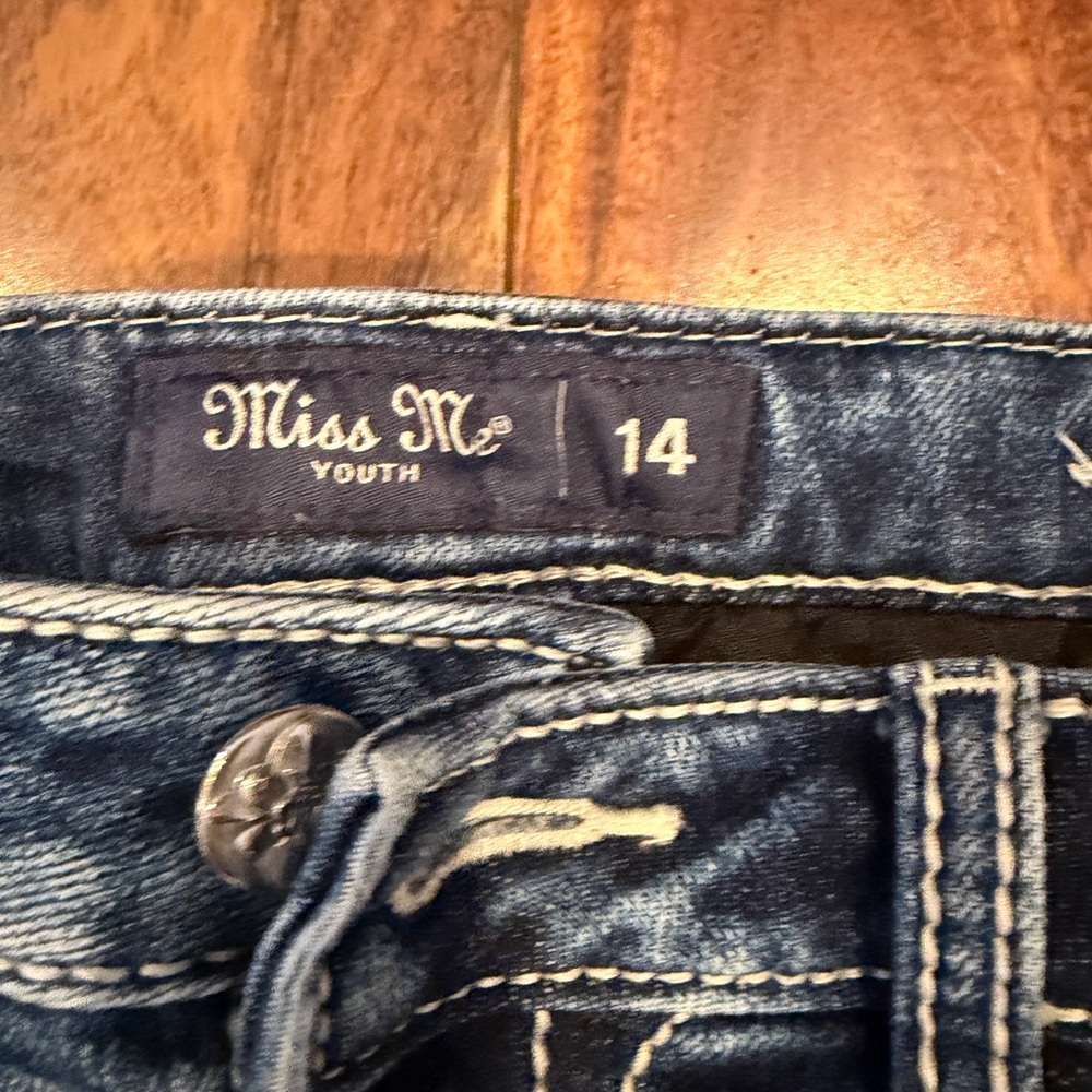 Miss Me Denim Blue girl Shorts size 14 adjustable waist cheetah print sequins - Picture 2 of 3